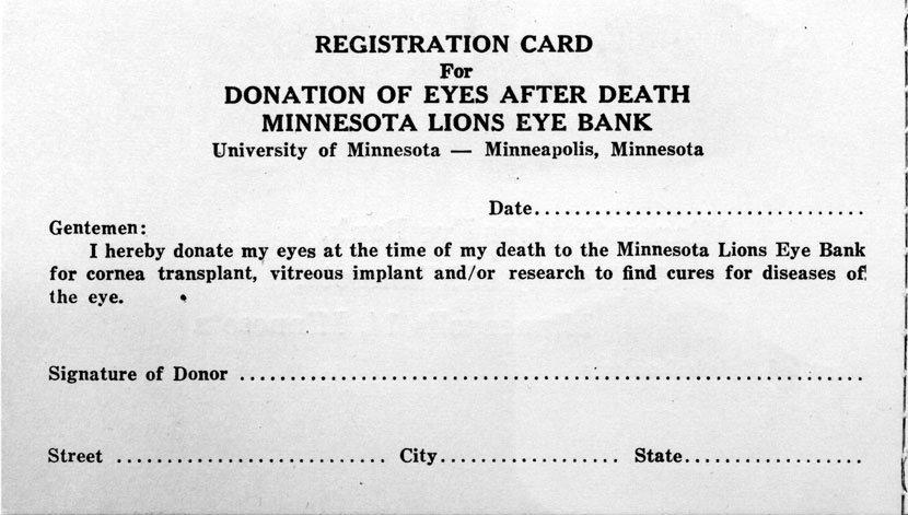 Image of early eye donor registration card