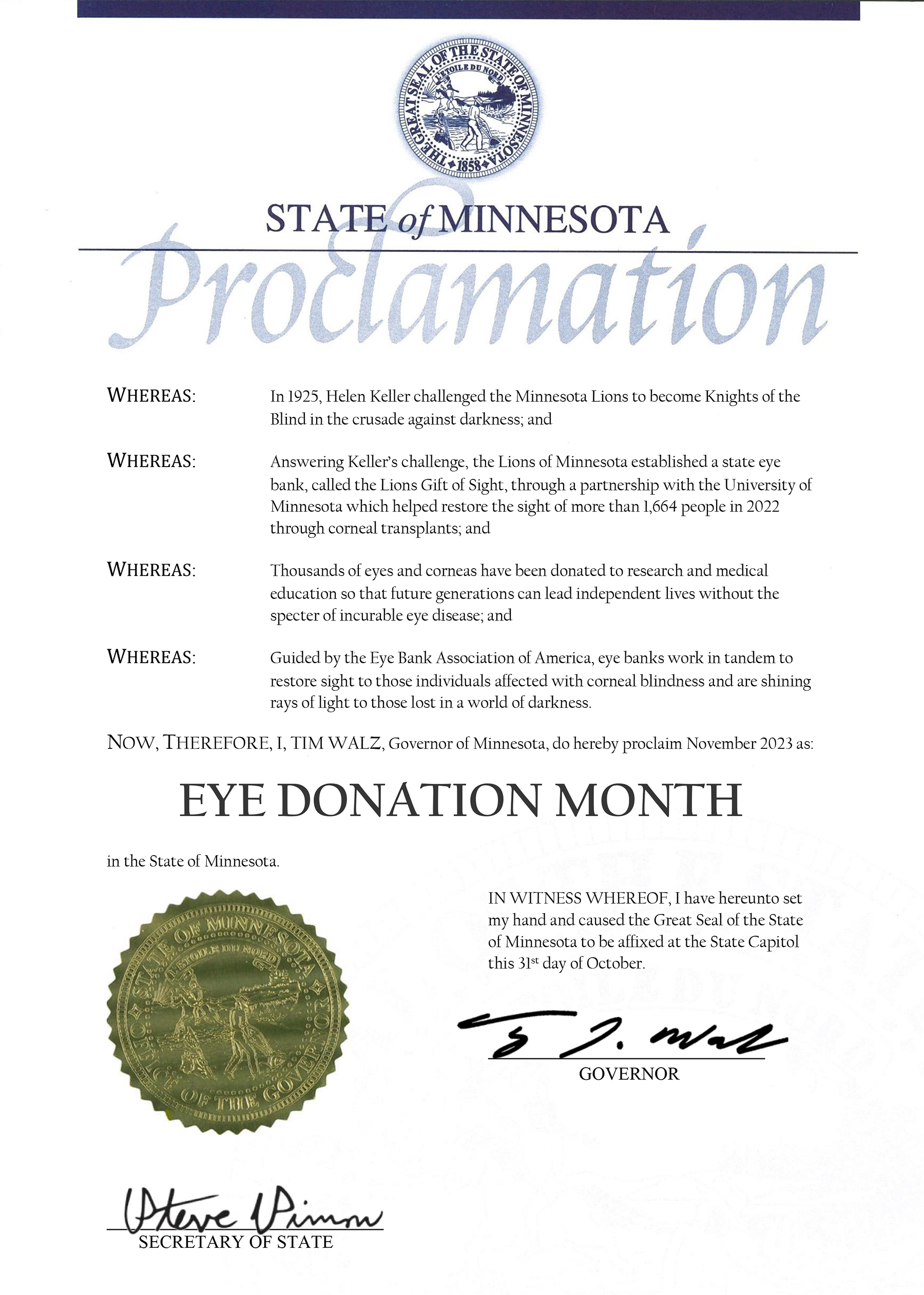 Image of official eye donation month proclamation
